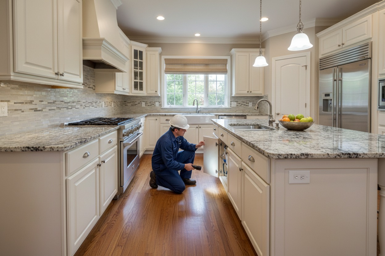 A plumber in a blue uniform and hard hat kneels on the kitchen floor, inspecting the under-sink plumbing with a flashlight.