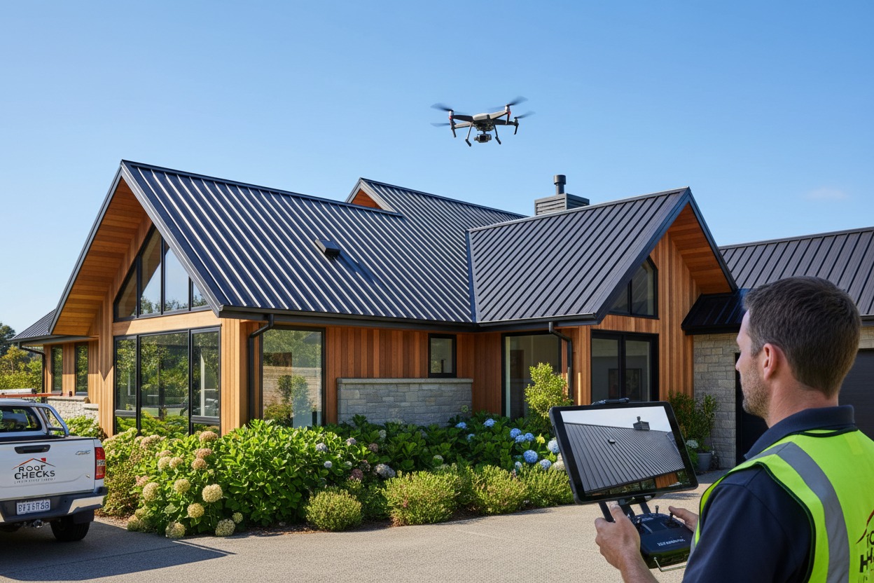 A technician in a safety vest pilots a drone hovering above a modern house with a metal roof.