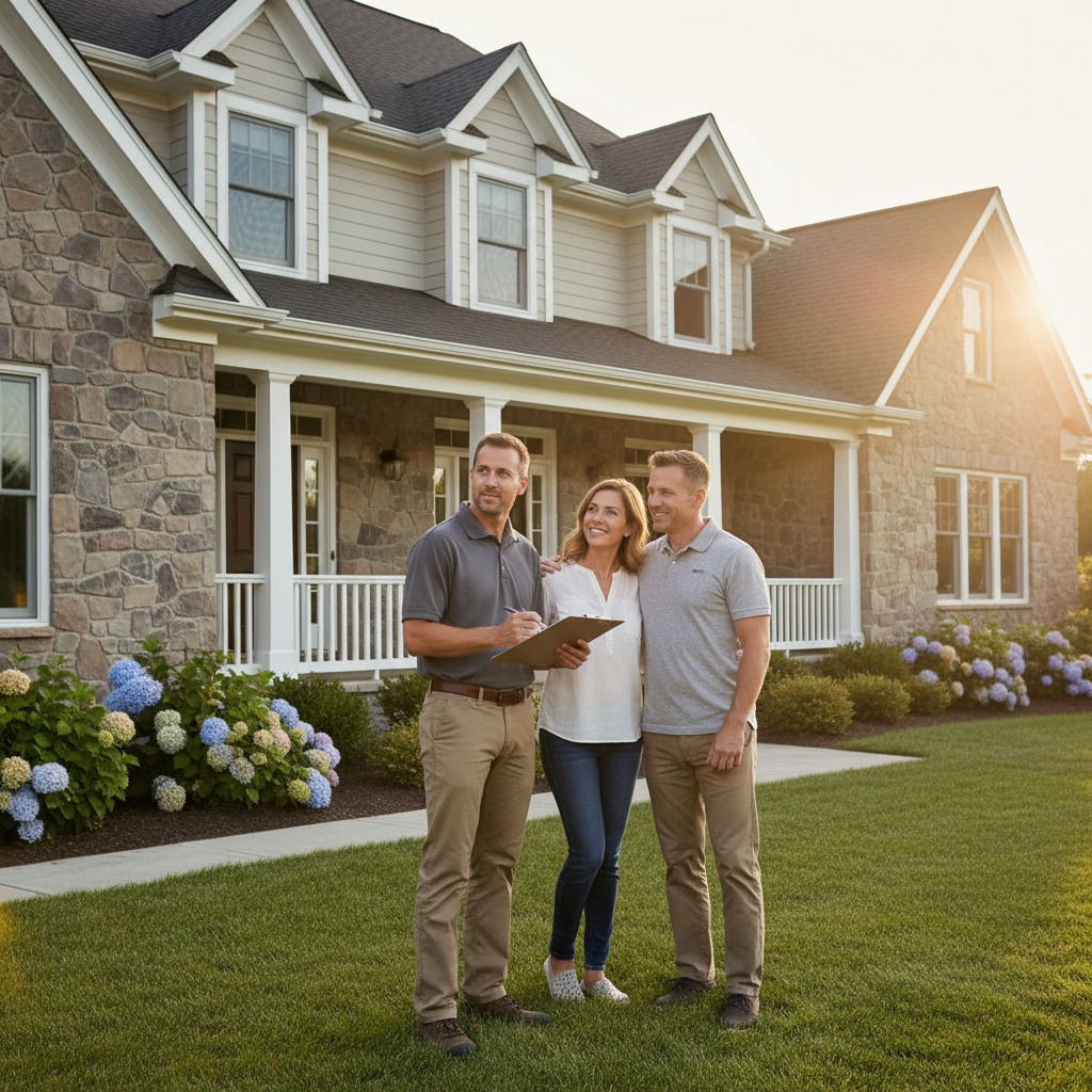A real estate agent reviews documents with a couple in front of a large two-story house.
