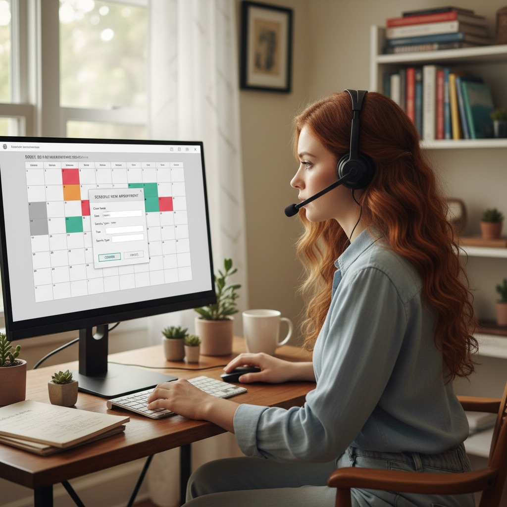 A customer support representative wearing a headset sits at a desk and looks at a computer screen displaying a scheduling calendar.