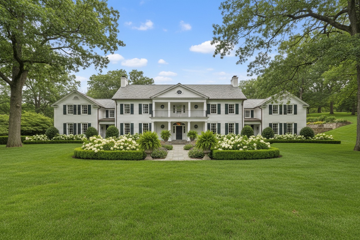 A large, two-story white colonial-style home with a prominent front portico is centered on a vast, manicured green lawn surrounded by mature trees.